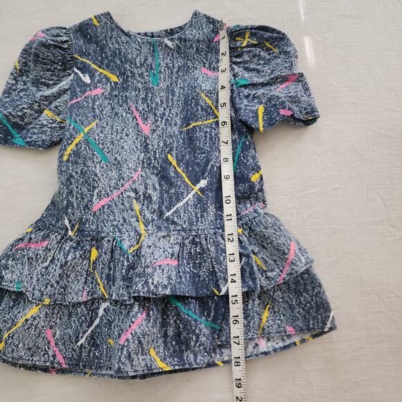 Vintage 80s In Style Girls 4T Dress Paint Splatter Drop Waist Ruffle - Picture 6 of 7
